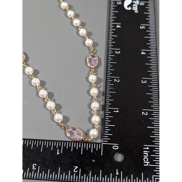 Vintage White Faux Pearl Pink Bezel Beaded Necklace Classic 22 inch - Picture 9 of 9